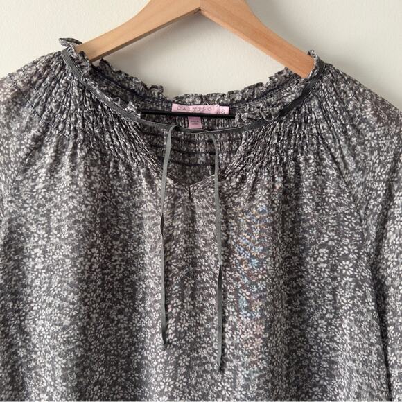 Calypso St. Barth 100% Silk Gray and white Blouse long sleeve sheer floral smock - Picture 4 of 11